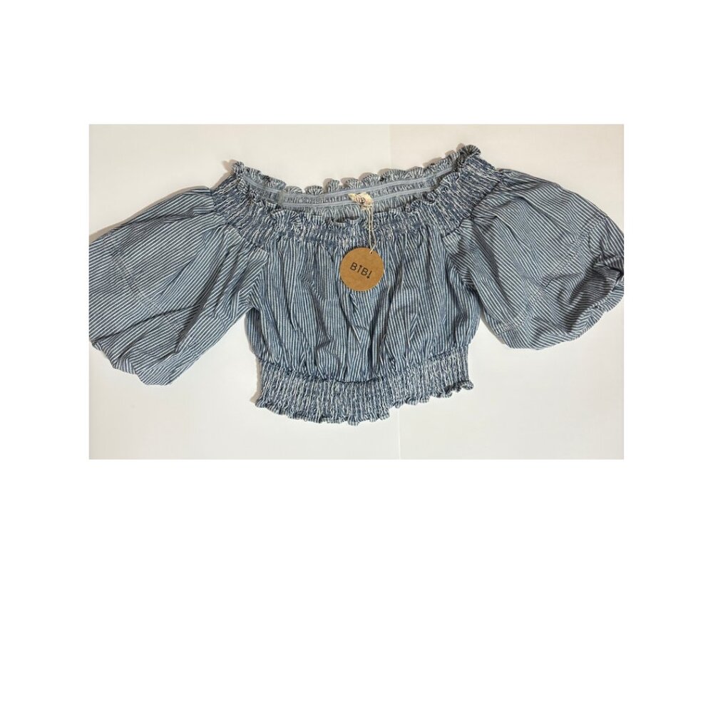 BiBi Off-the-Shoulder Smocked Crop Top – Blue Stripe – Size M – NWT